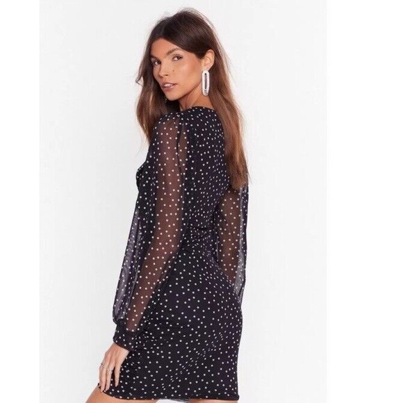 Nasty Gal Polka Dot Mini Dress Size US 6 / UK 10 Mesh Sleeve Ruched Romantic - Picture 2 of 8